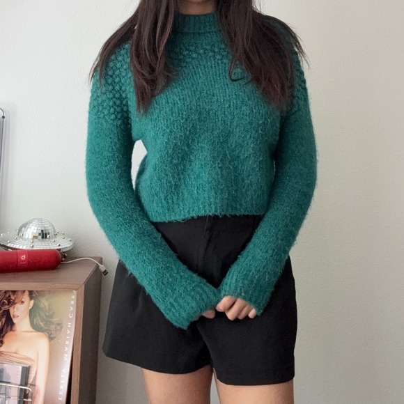 Free People Sweaters - Free People Teal Green Bobble Knit‎ Mock Neck Cropped Sweater OB1508649 Small